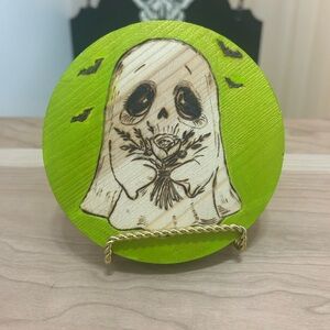 Handcrafted Woodburned Ghost Art on Lime Green Wood